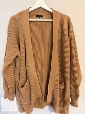 Quince Camel Rib-Knit Open Cardigan with Pockets